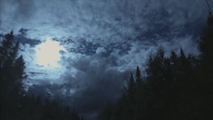 Paysage de foret le soir. Vue de la lune dans le ciel nuageux.