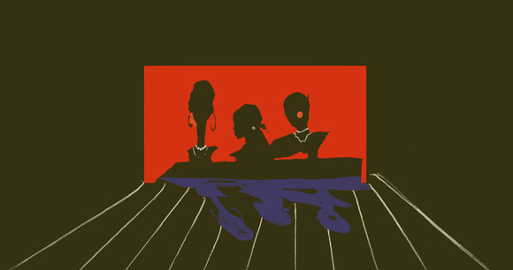 Stylized illustration of three silhouetted Black women seated against a red rectangle, with purple shadows beneath and a dark olive background lined for perspective.