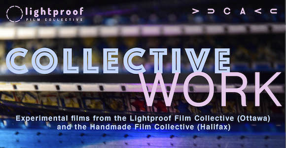 Light blue and pink Collective Work program graphic image with the Lightproof Film Collective logo at the top left and VUCAVU's logo at the top right.