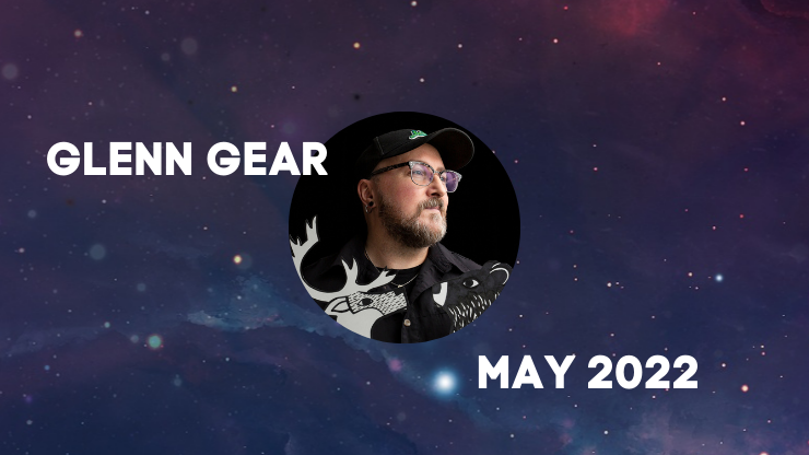 Starry night image with graphic text in white: "Glenn Gear May 9 - 30, 2022" and a man's profile.