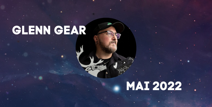 Starry night image with graphic text in white: "Glenn Gear May 9 - 30, 2022" and a man's profile.