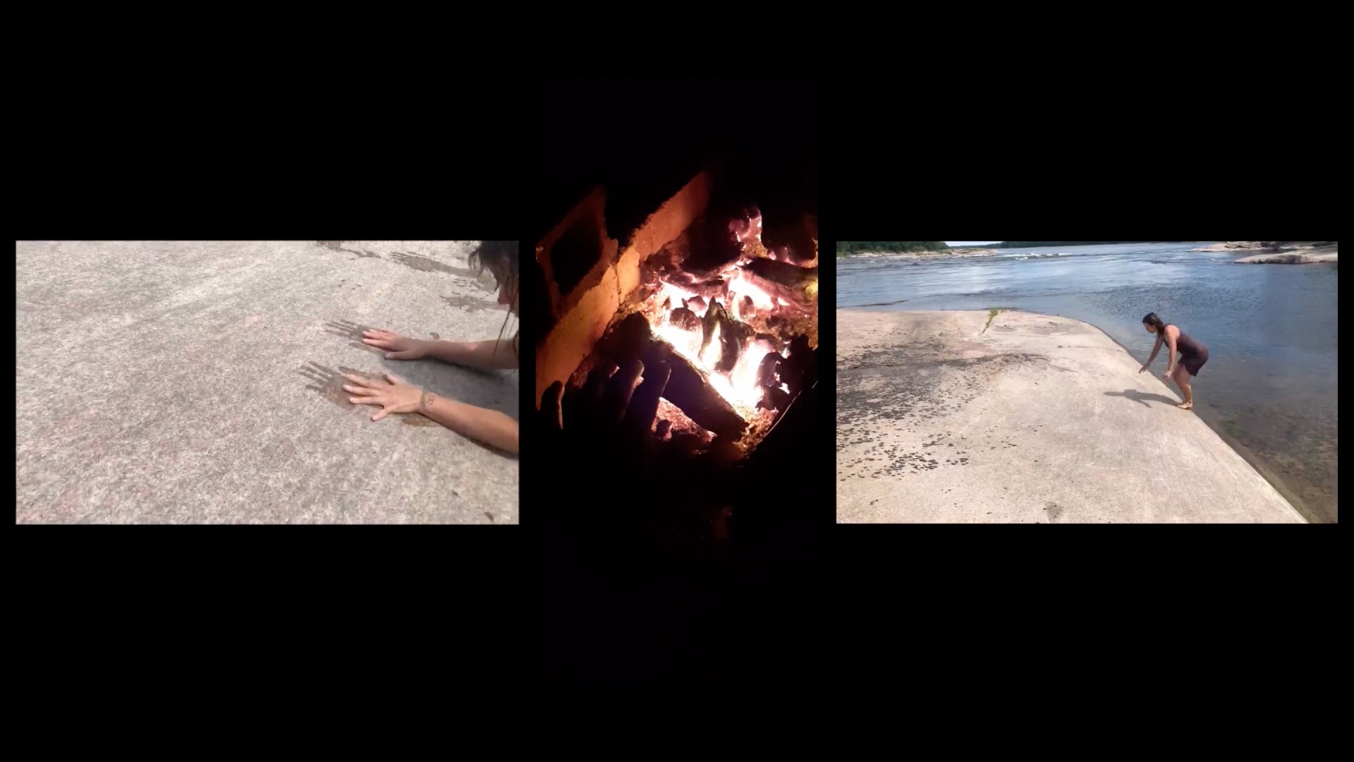 Trois images sur un fond noir.  Les mains mouillées sur un rocher, du feu, une femme. 
