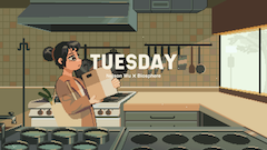 Drawing of a woman carrying a box into a kitchen.