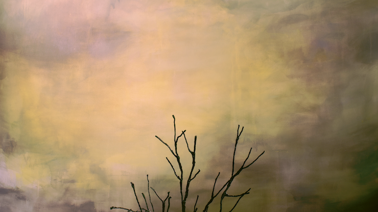 Painterly background of soft yellow, pink and grey with a leafless treetop in the bottom centre.