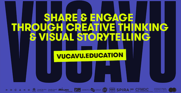 Bright blue background with black graphic text that says VUCAVU and logos in the bottom. Bright yellow text says : Share & Engage Through Creative Thinking & Visual Storytelling vucavu.education 