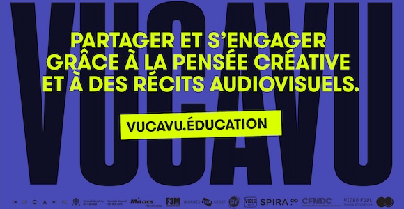 Bright blue background with black graphic text that says VUCAVU and logos in the bottom. Bright yellow text says : Share & Engage Through Creative Thinking & Visual Storytelling vucavu.education 