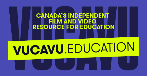 VUCAVU logo overlaid onto multicoloured background, on black