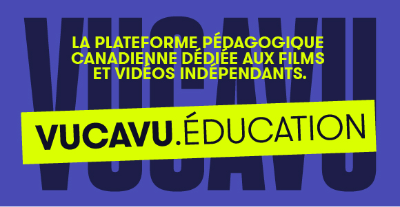 VUCAVU and partner logos in black overlaid on a bright blue background. Bright yellow text in the foreground says that promoted VUCAVU.éducation in French.
