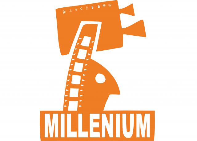 An abstract man with a camera and film reel above and along his head with the word Millenium below.