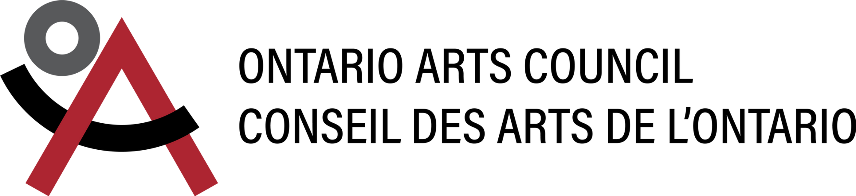 Ontario Arts Council logo in red, gray and black with black text on a white background.