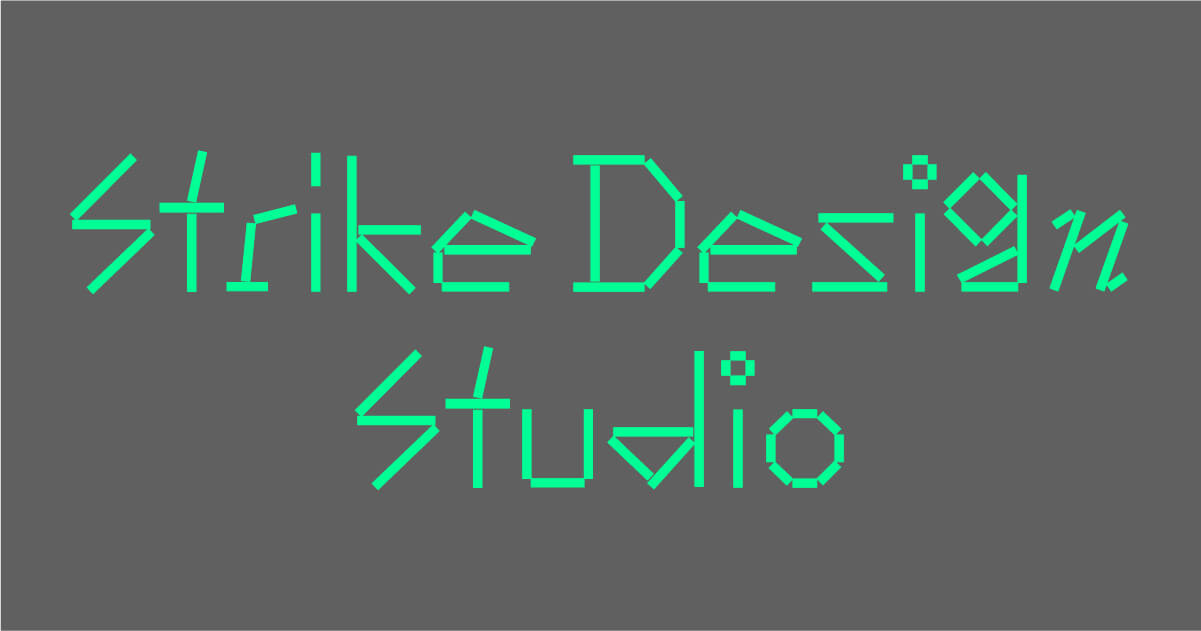 Strike Design Studio logo with lime green text and grey background.