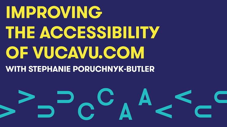 Un fond bleu avec un texte jaune et blanc indiquant "Améliorer l'accessibilité de VUCAVU.com".