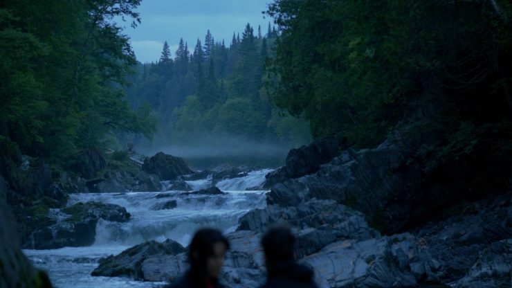 A misty river runs over rapids through a forest, two figures stand blurred in the foreground.