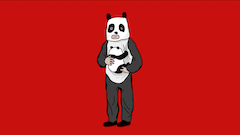 Un homme déguisé en ours panda qui cajole un panda, sur un fond rouge.
