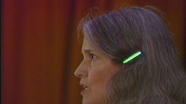 Colour side profile of a white woman with long grey-brown hair and a green barette.