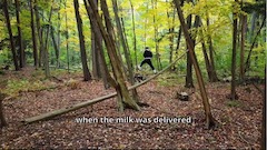 image in adidas tracksuit climbs a tree in a forest 