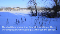 Winter landscape with the subtitle "They hid their books, they hide all their things."