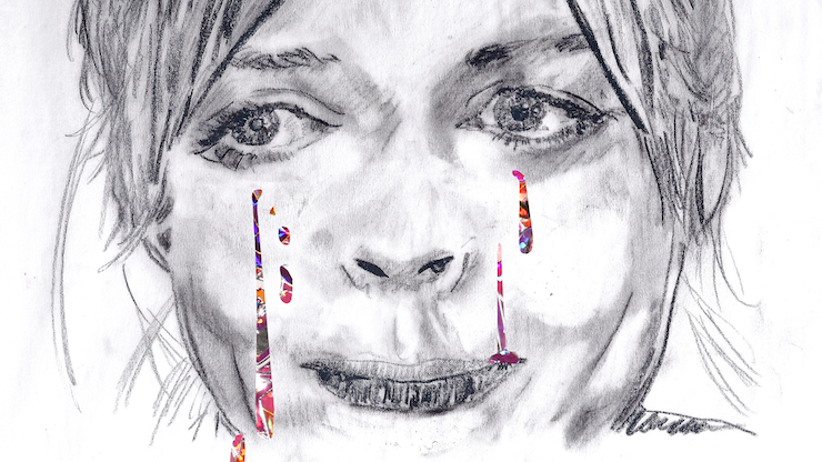 Black and white drawing of woman crying colourful tears