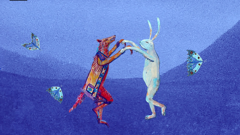 an animated fox and rabbit dance against a blue landscape surrounded by butterflies