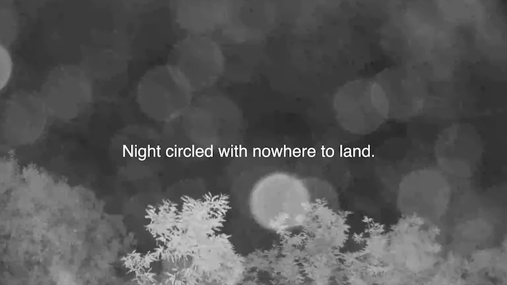 night vision camera with text reading night circled with nowhere to land