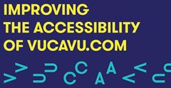 Un fond bleu avec un texte jaune et blanc indiquant "Améliorer l'accessibilité de VUCAVU.com".