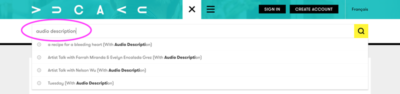 screenshot of the VUCAVU search bar with the words "audio description" typed in. Several results appear below.