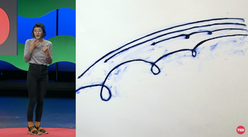 A woman is signing ASL on the left side of the screen. On the right side is a drawing of four royal blue lines, some are curved and some have more movement.