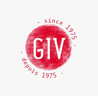 Red text and circular logo on a white background that says GIV in the middle and since 1975 / depuis 1975 around the circle.